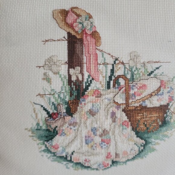 Handmade Pink & White Ruffled Throw Pillow With Cross-Stitch Farmhouse Design - Picture 2 of 7